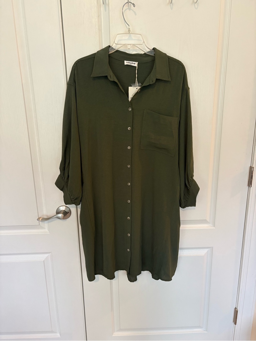 mittoshop Olive Green Button-Front Shirt Dress